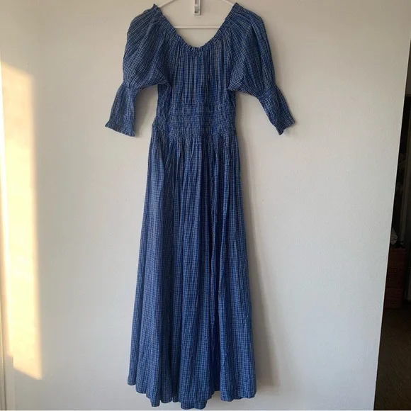 NWT Doen Ischia Cotton Voile Smocked Midi Maxi Dress Cassis Check Blue Plaid - Picture 13 of 16